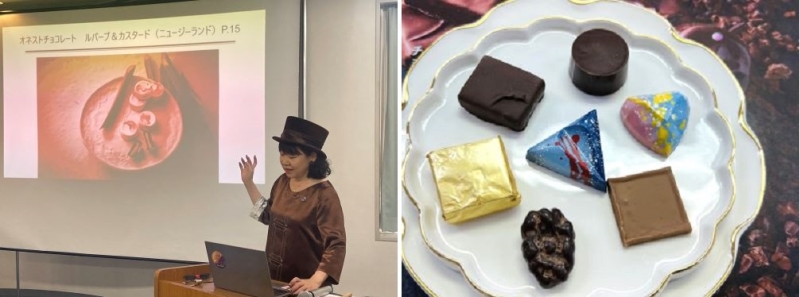 左： 「幸福のチョコレート講座の様子(2023)」　　右：試食チョコ(イメージ)