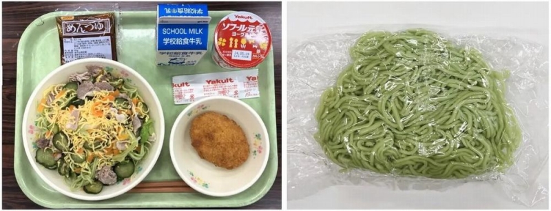 左：「ユーグレナクロレラ麺」使用「南ぬ豚サラダめん」イメージ、右：「ユーグレナクロレラ麺」イメージ