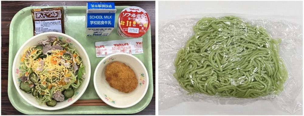 左：「ユーグレナクロレラ麺」使用「美ら豚サラダめん」イメージ、右：「ユーグレナクロレラ麺」イメージ
